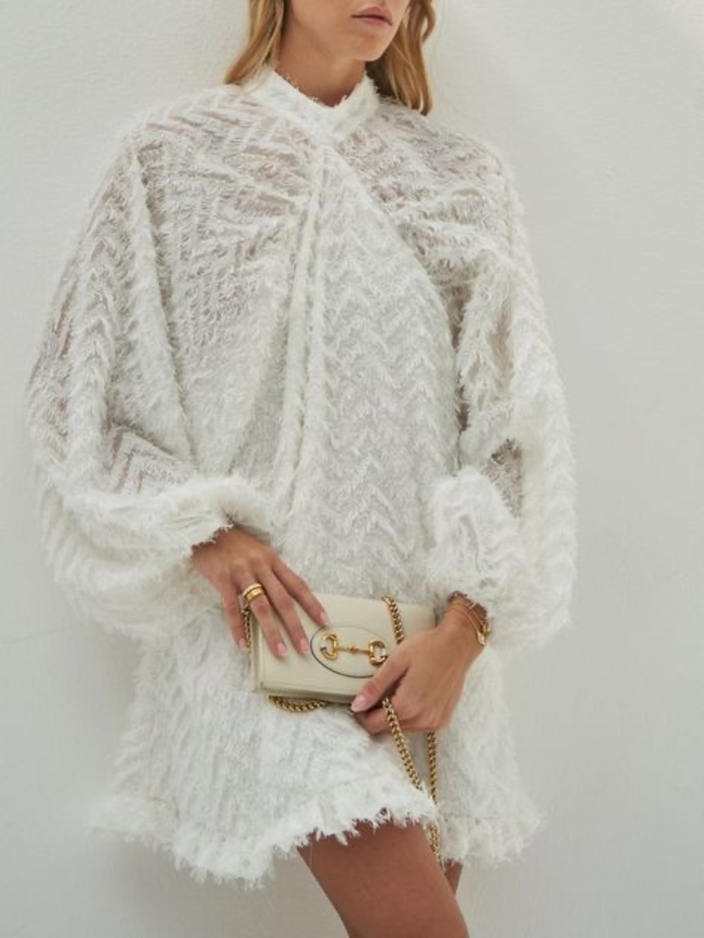 Vita Grace White Textured Mini Dress with Balloon Sleeves